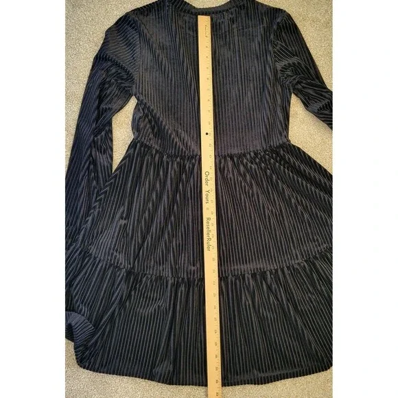 Womens Rib Velvet Dress Size L 8 Black Shein Long Sleeve Crew Neck Cinch Waist - Picture 9 of 9